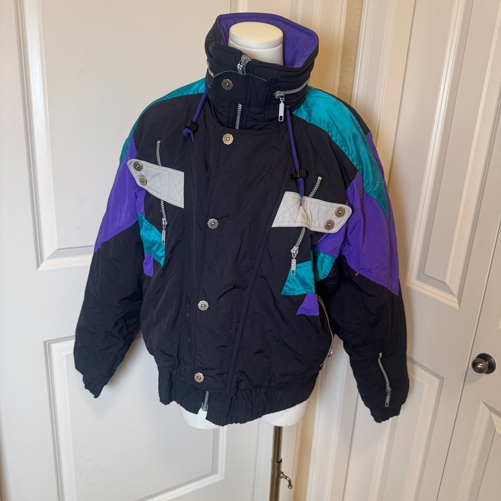 Vtg 90s Fall Line Ski Jacket Men’s M Black Teal Purple Colorblock Packable Hood